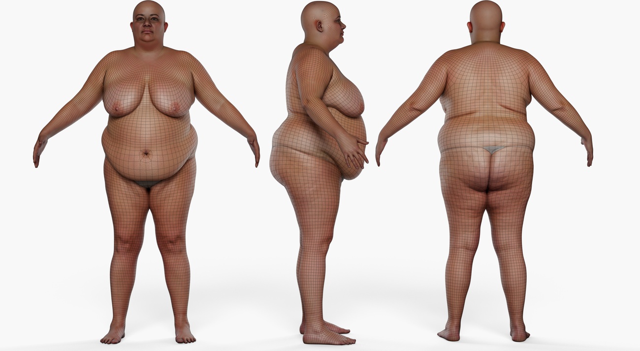 Wireframe topology overlay of a fuller-figured female 3D body scan showing quad mesh edge loop distribution